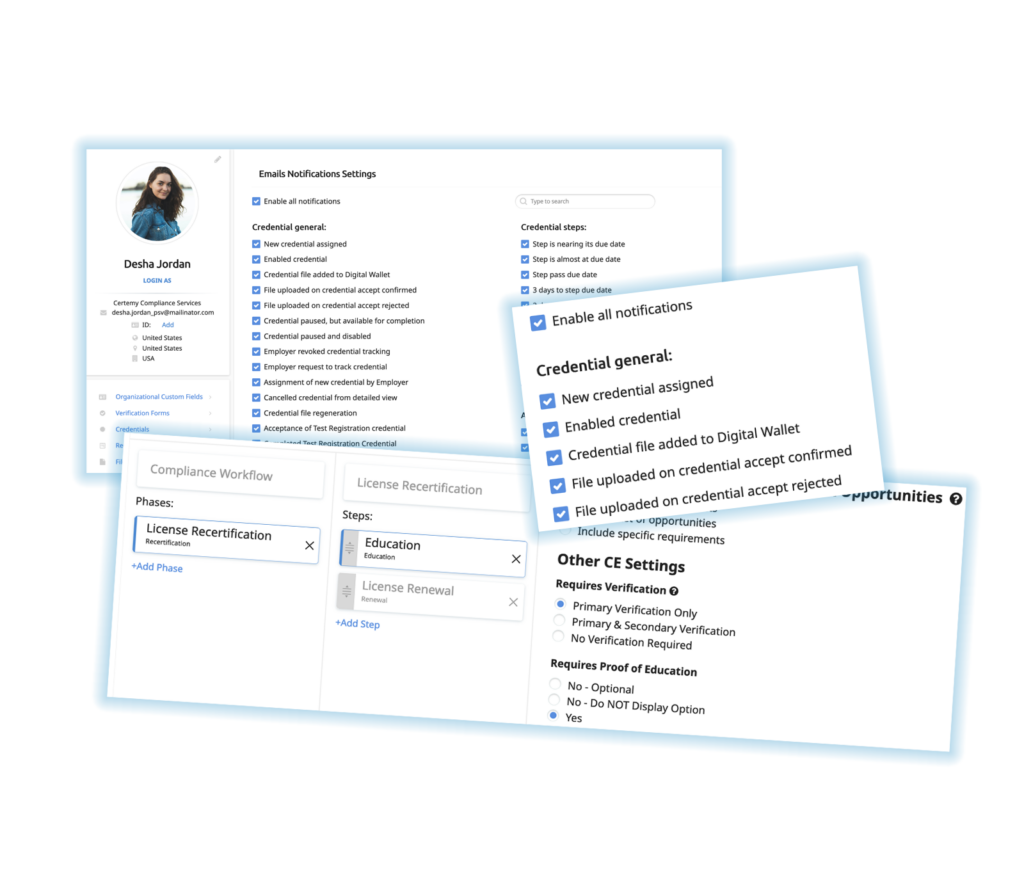 Simple, configurable workflows ensure compliance by walking your employees through obtaining and renewing their occupational licenses, certifications, and company specific credentials.