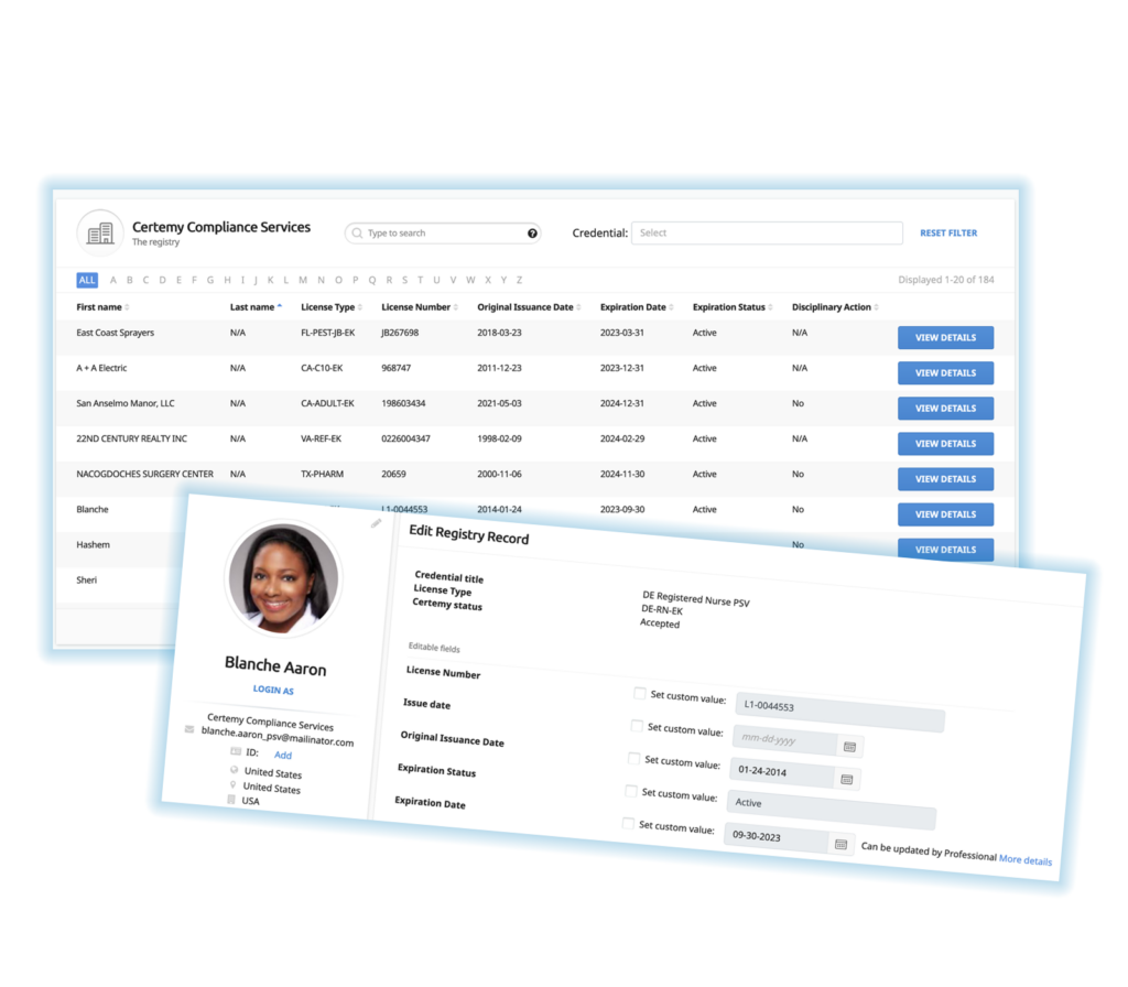 Complete visibility and control of your workforce compliance program. Automatically track and manage licenses and certifications with primary source verification.
